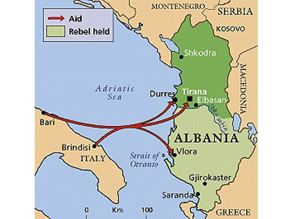 Карта Албании. Светло-зеленым отмечена территория, контролируемая восставшими
